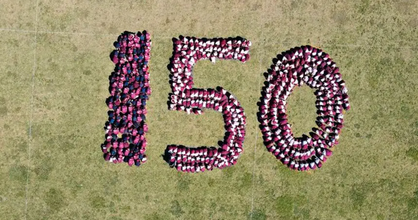 BIG NUMBERS: The school’s students and staff came together in August to create the anniversary formation.