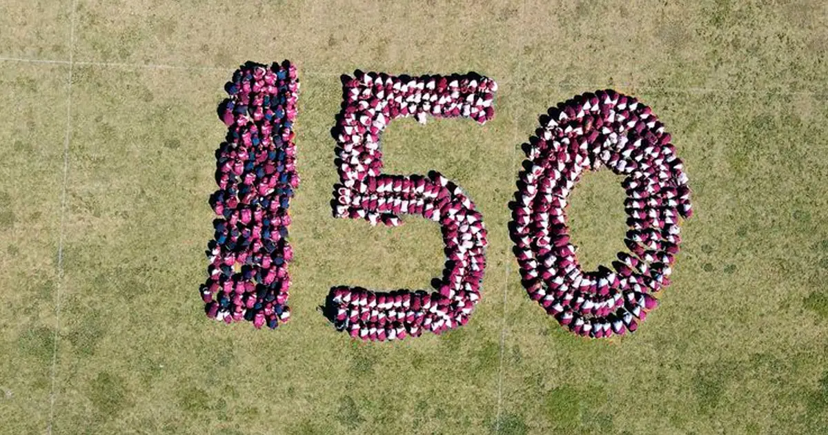 BIG NUMBERS: The school’s students and staff came together in August to create the anniversary formation.