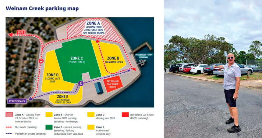 (Left) PARKING MAP: The Weinam Creek parking map highlights the various zones. (Right) Island resident Les Barkla wants an urgent on-site meeting.