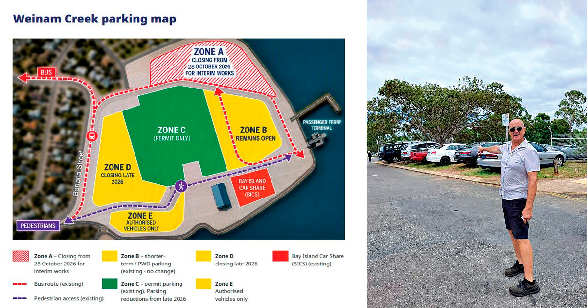 (Left) PARKING MAP: The Weinam Creek parking map highlights the various zones. (Right) Island resident Les Barkla wants an urgent on-site meeting.